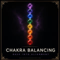 Chakra Balancing emblem: seven glowing gemstone spheres in a vertical column from red to violet, framed in gold on deep black, captioned back into alignment.