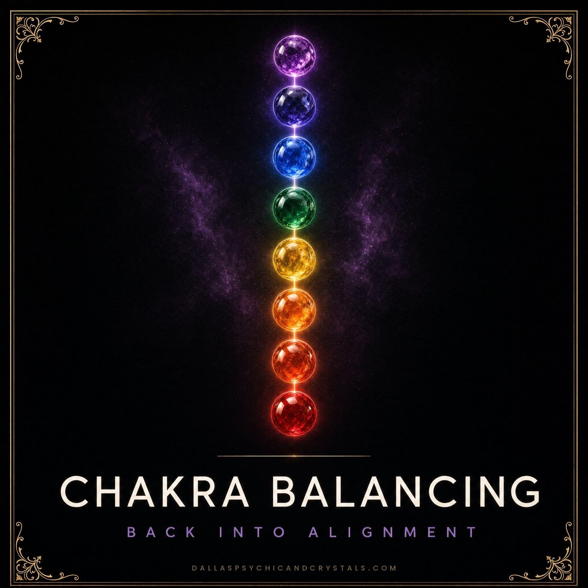 Chakra Balancing emblem: seven glowing gemstone spheres in a vertical column from red to violet, framed in gold on deep black, captioned back into alignment.
