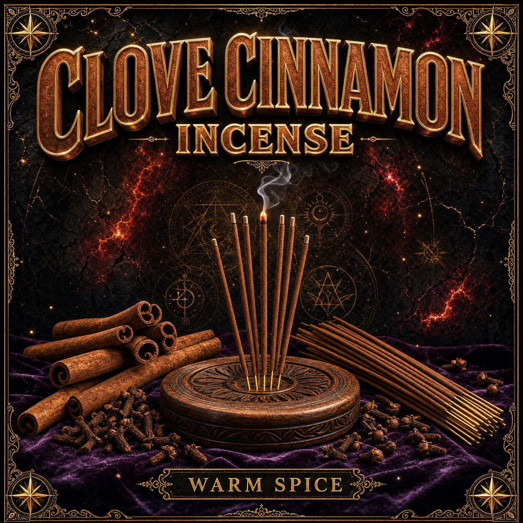Clove cinnamon incense burning, warm spice smoke rising beside cinnamon bark and whole cloves.