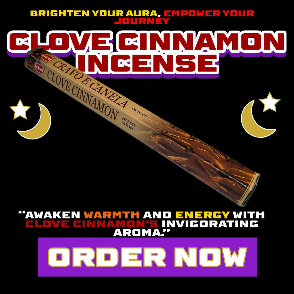 Box of Clove Cinnamon Incense featuring 20 sticks – warm, spicy aroma for meditation, energy cleansing, positivity, and spiritual upliftment from Dallas Psychic & Crystals.