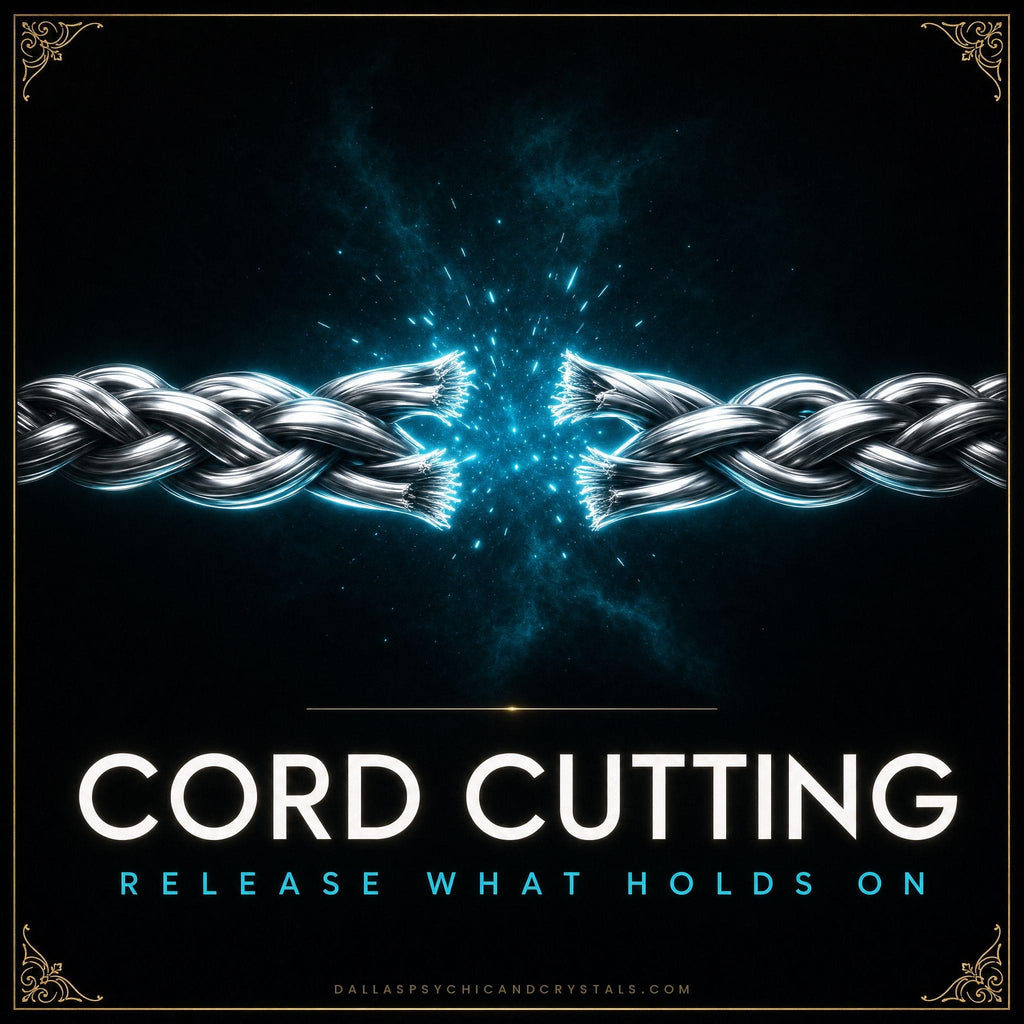 Cord Cutting emblem: a silver braided cord severed in the middle with cyan sparks at the break, framed in gold on deep black, captioned release what holds on.