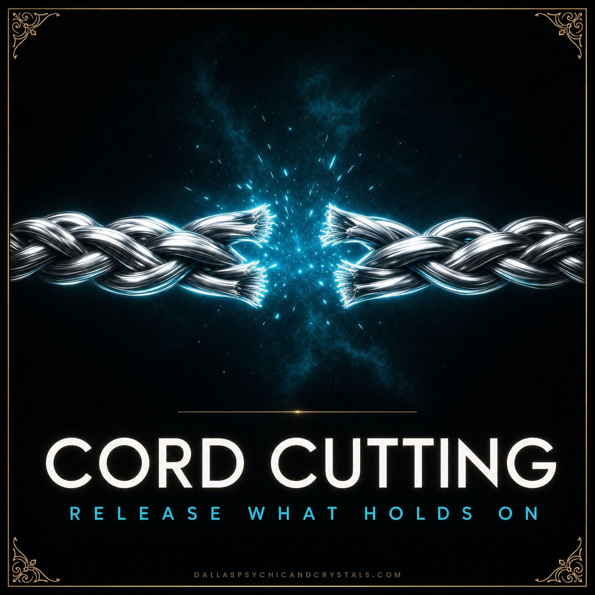 Cord Cutting emblem: a silver braided cord severed in the middle with cyan sparks at the break, framed in gold on deep black, captioned release what holds on.