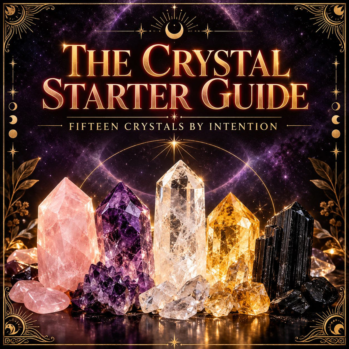 Crystal Starter Guide cover with rose quartz, amethyst, clear quartz, citrine, and black tourmaline under a cosmic sky.