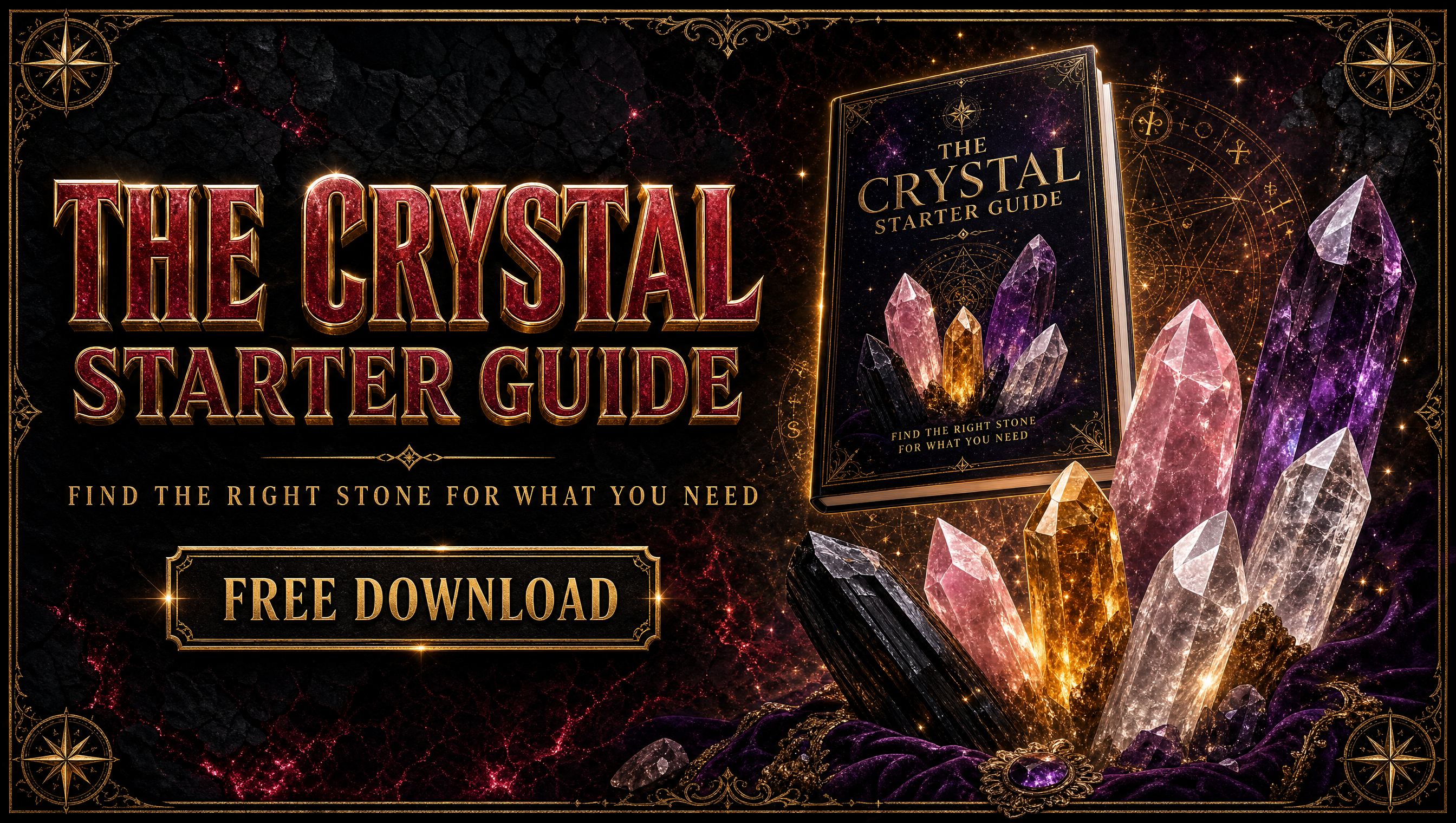 The Crystal Starter Guide free download promo: glowing rose quartz, amethyst, citrine and clear quartz points beside a guide cover, with ruby red and gold lettering reading The Crystal Starter Guide, find the right stone for what you need, free download.