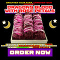 Dragon’s Blood with Rose Petals Smudge Sticks – 4-inch white sage bundles coated in red dragon’s blood resin and wrapped with rose petals, used for protection, love, energy cleansing, and ritual magic.