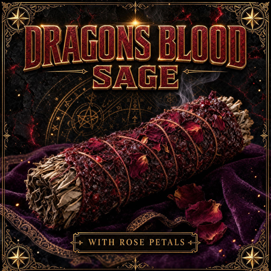Four inch smudge stick of white sage bound with deep red dragon's blood resin and dried rose petals.