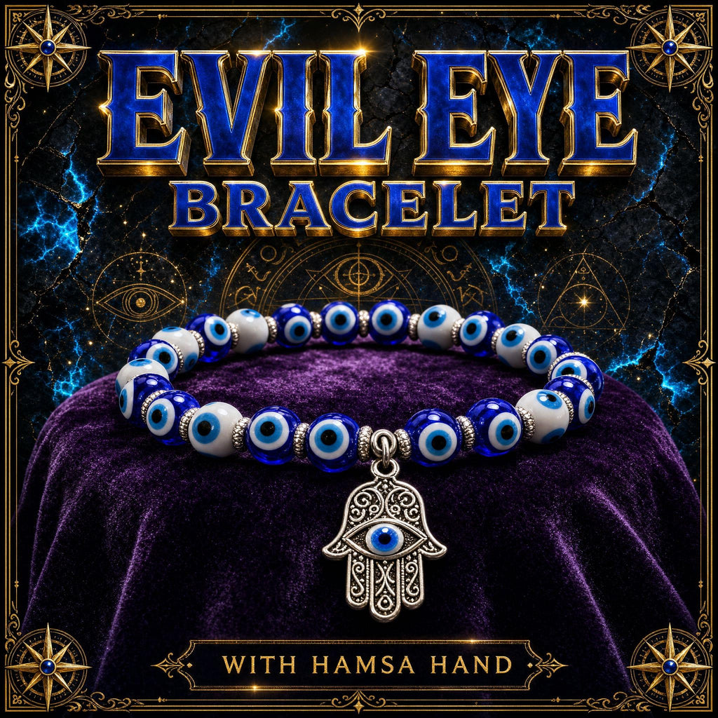Evil eye protection bracelet with blue and white nazar beads and a silver hamsa hand charm.