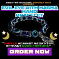 Evil Eye bracelet with Hamsa Hand charm, featuring blue glass protection beads and silver details – for spiritual shielding, good fortune, and energy defense from Dallas Psychic & Crystals.