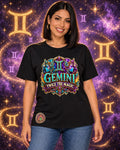 Black Gemini zodiac crew-neck T-shirt, front view with “Twice the Magic” artwork; AI-generated preview.