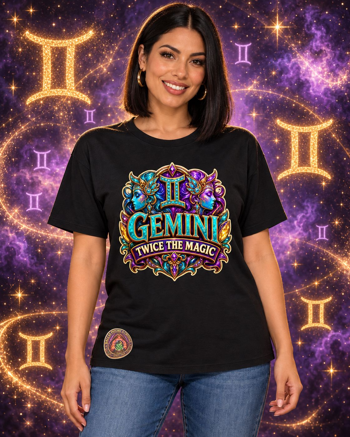 Black Gemini zodiac crew-neck T-shirt, front view with “Twice the Magic” artwork; AI-generated preview.
