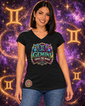 Black Gemini zodiac women's V-neck T-shirt, front view with “Twice the Magic” artwork; AI-generated preview.