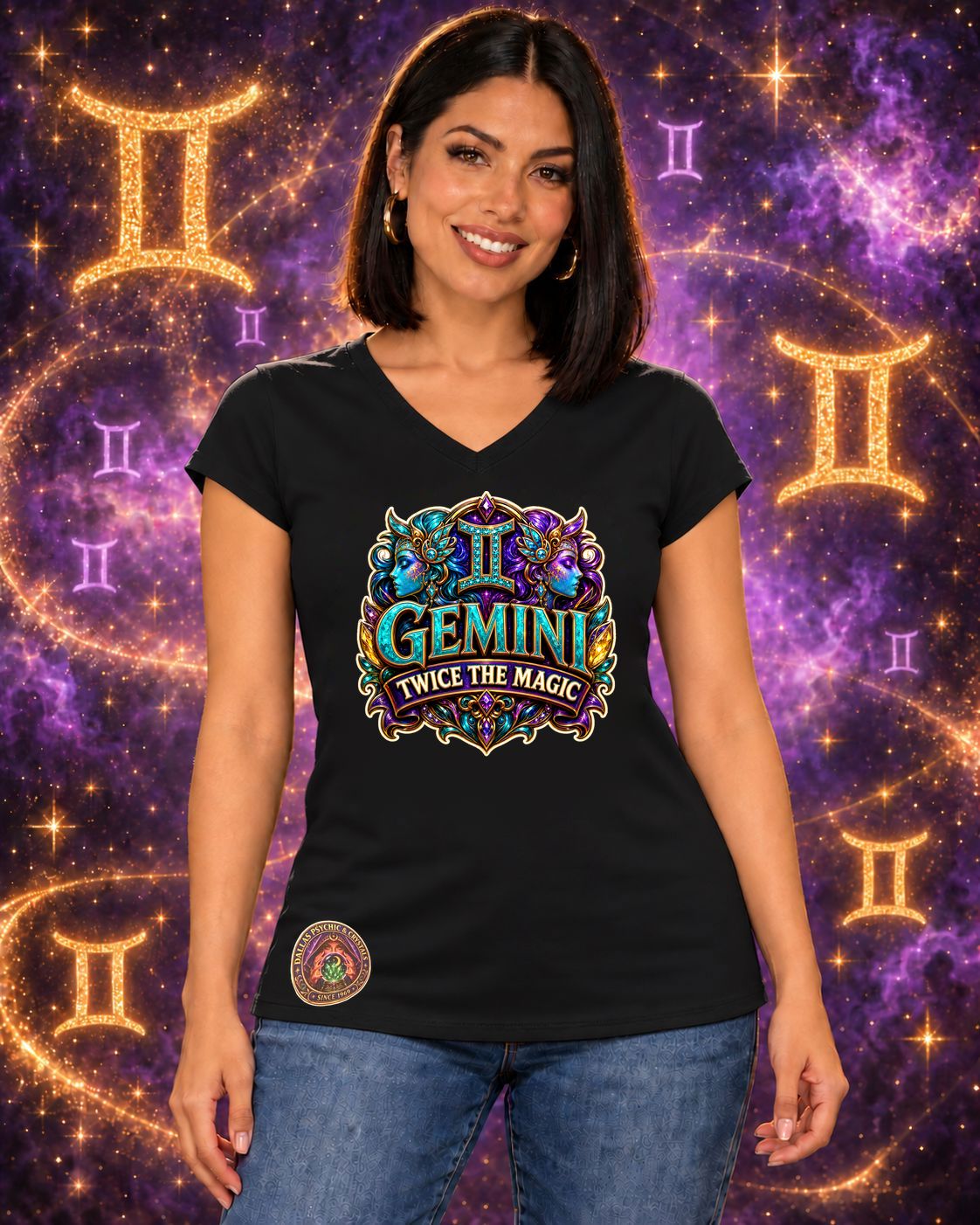 Black Gemini zodiac women's V-neck T-shirt, front view with “Twice the Magic” artwork; AI-generated preview.