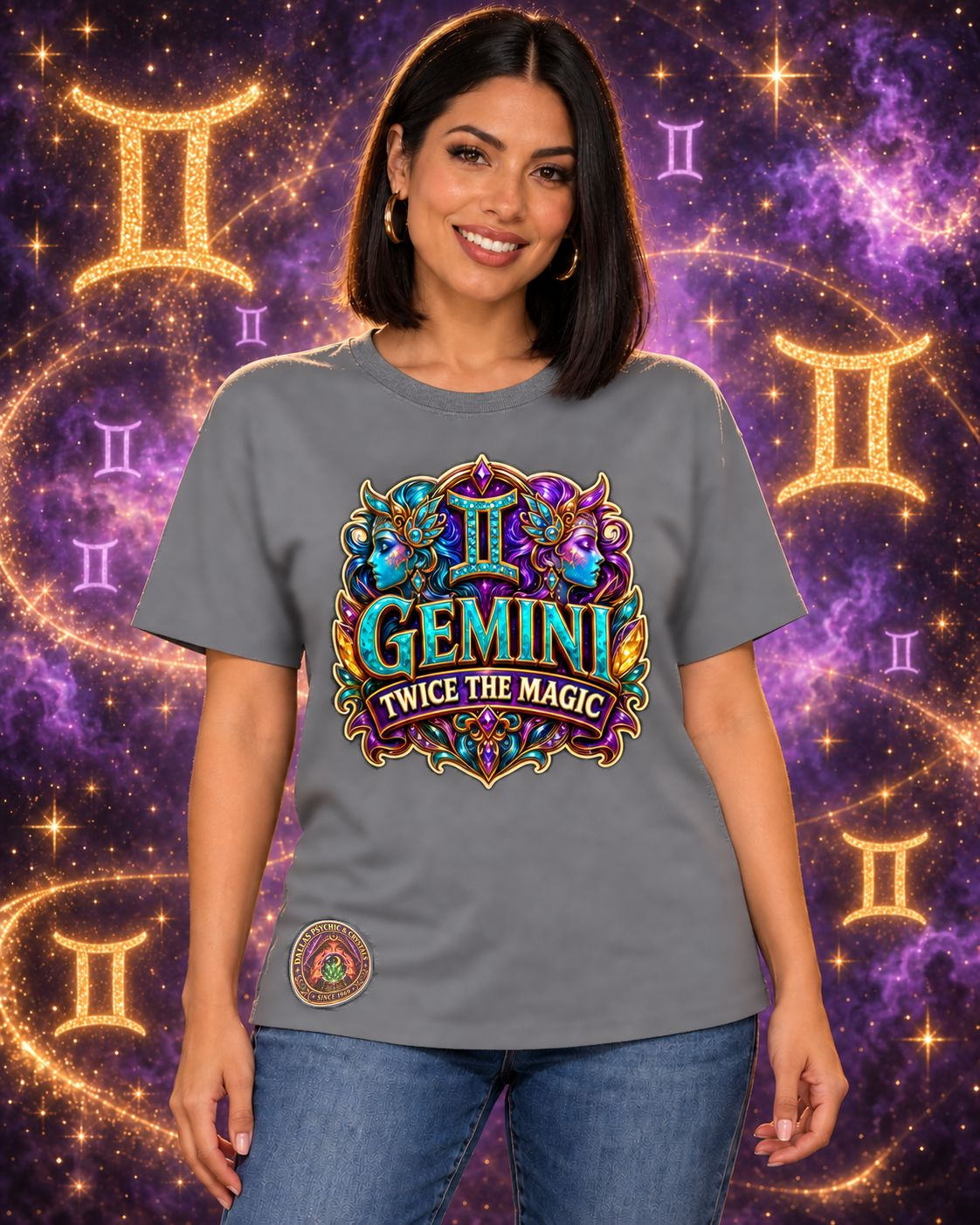 Grey Gemini zodiac crew-neck T-shirt, front view with “Twice the Magic” artwork; AI-generated preview.