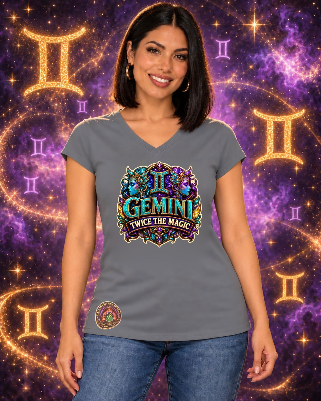 Grey Gemini zodiac women's V-neck T-shirt, front view with “Twice the Magic” artwork; AI-generated preview.