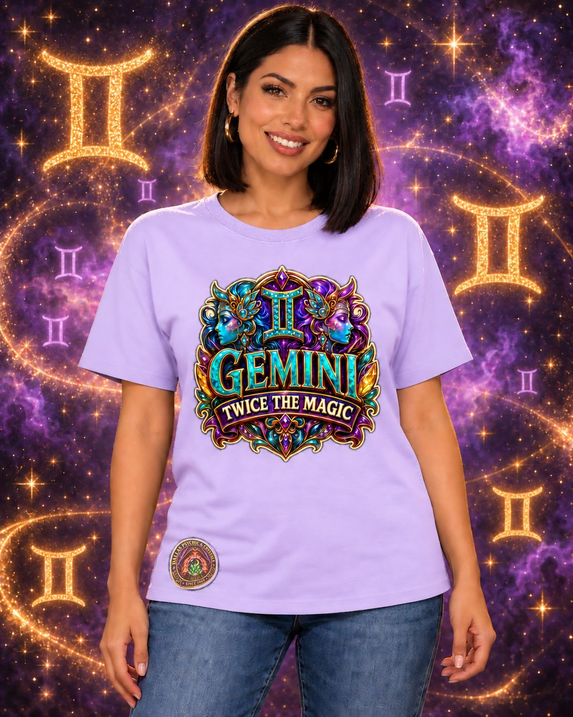 Lavender Gemini zodiac crew-neck T-shirt, front view with “Twice the Magic” artwork; AI-generated preview.