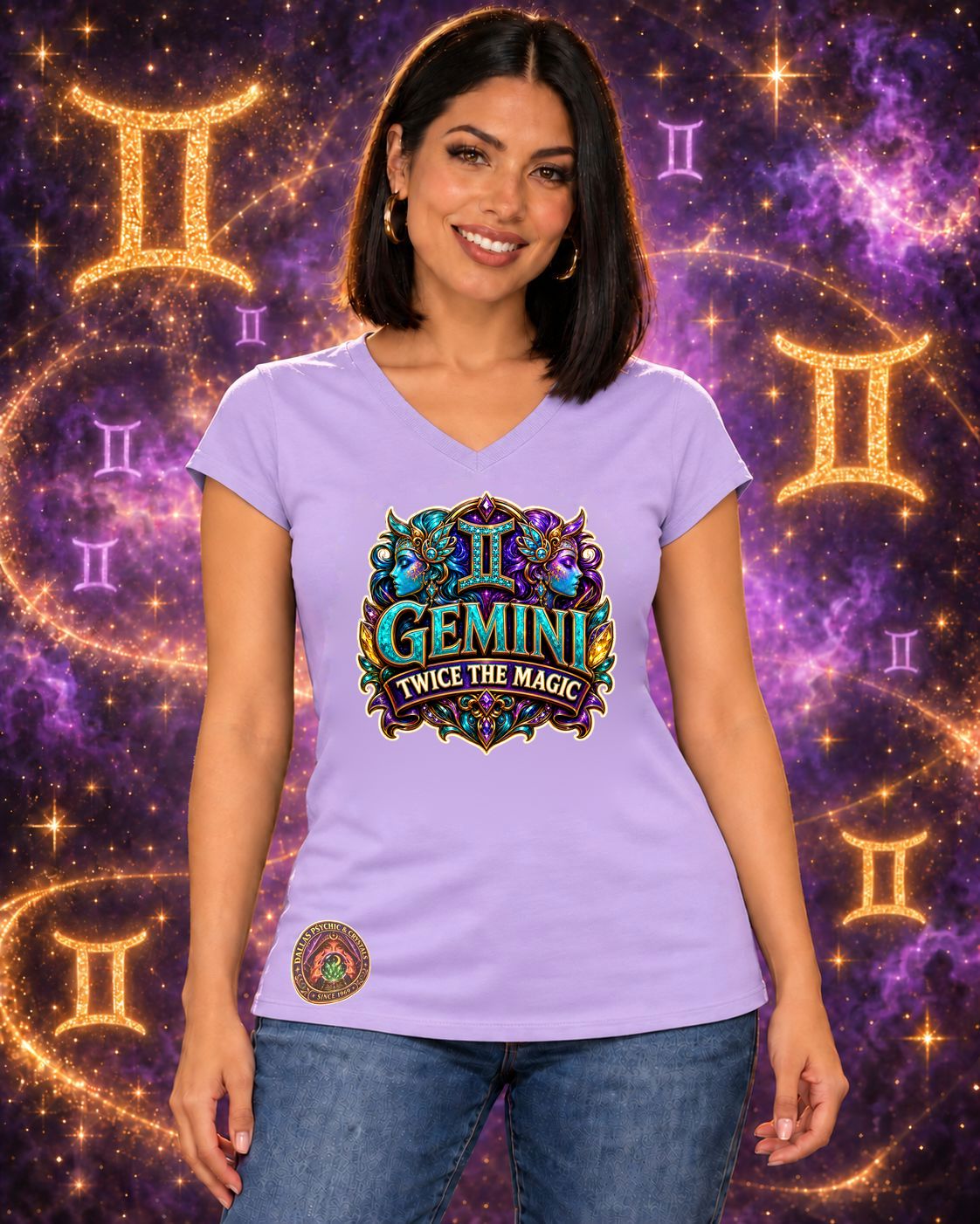 Lavender Gemini zodiac women's V-neck T-shirt, front view with “Twice the Magic” artwork; AI-generated preview.
