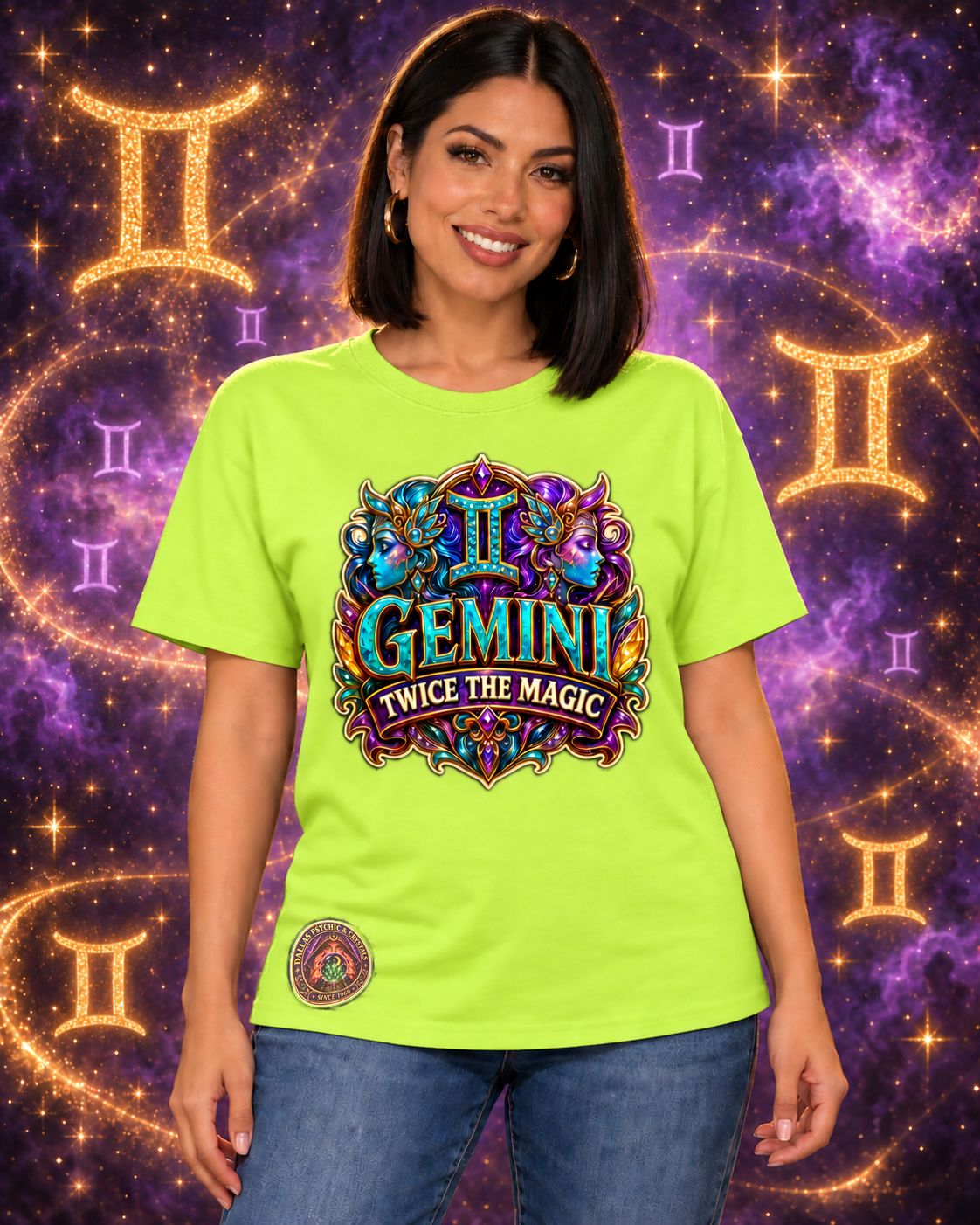 Lime Green Gemini zodiac crew-neck T-shirt, front view with “Twice the Magic” artwork; AI-generated preview.