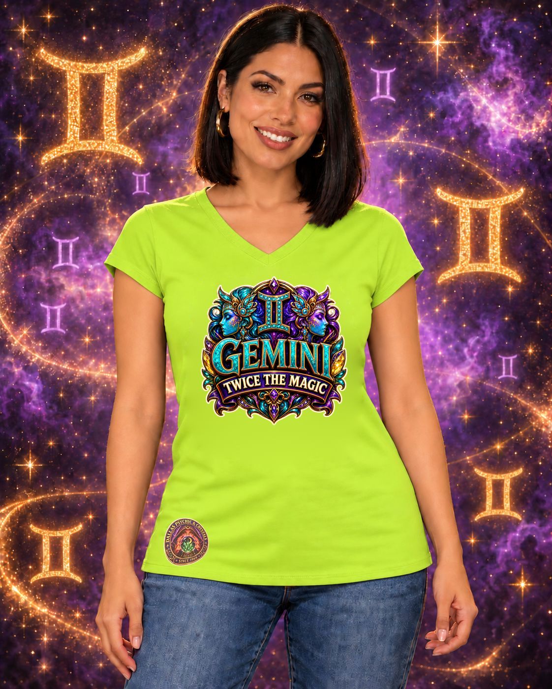 Lime Green Gemini zodiac women's V-neck T-shirt, front view with “Twice the Magic” artwork; AI-generated preview.
