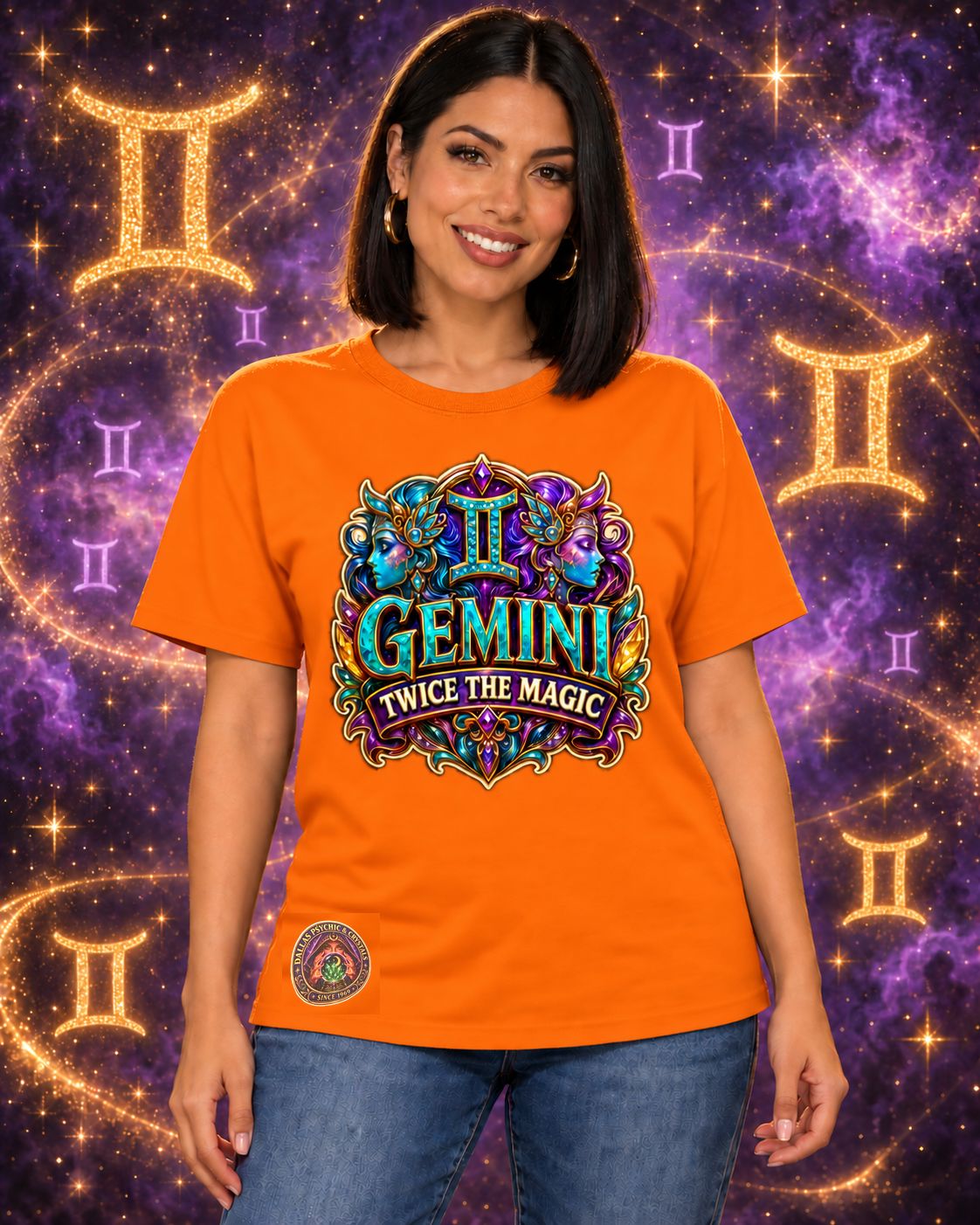 Orange Gemini zodiac crew-neck T-shirt, front view with “Twice the Magic” artwork; AI-generated preview.