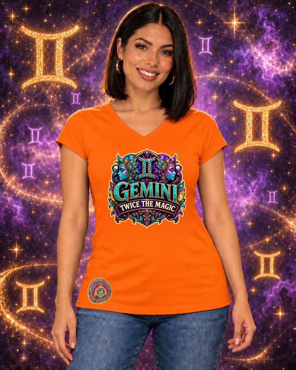 Orange Gemini zodiac women's V-neck T-shirt, front view with “Twice the Magic” artwork; AI-generated preview.