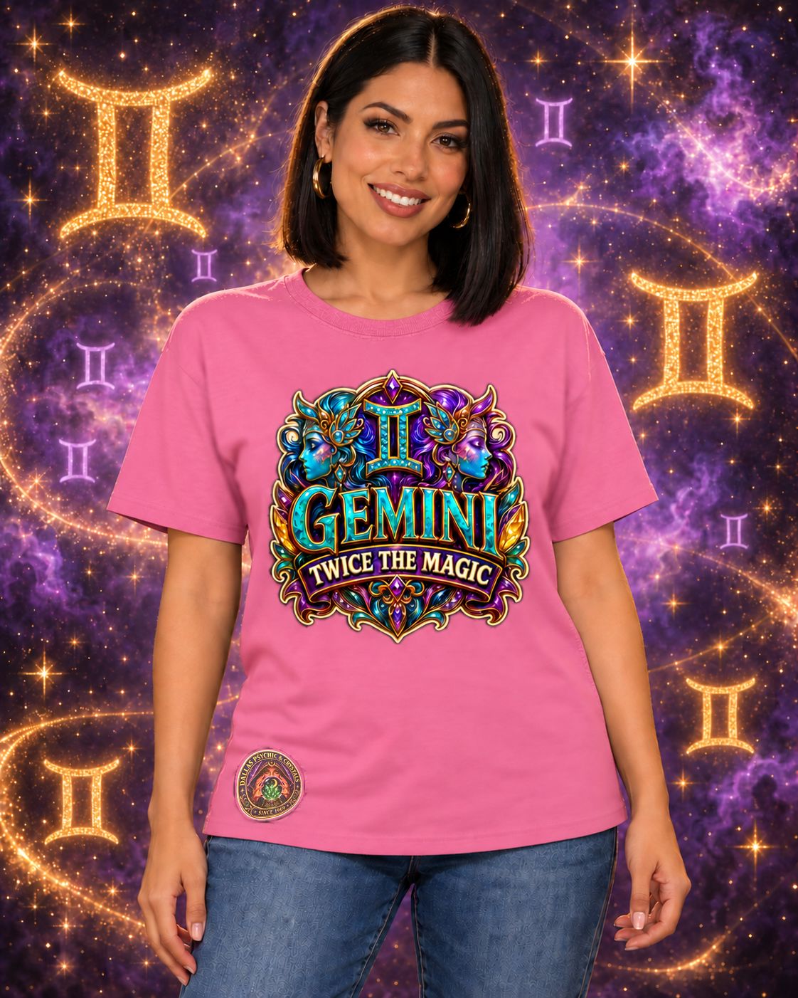 Pink Gemini zodiac crew-neck T-shirt, front view with “Twice the Magic” artwork; AI-generated preview.