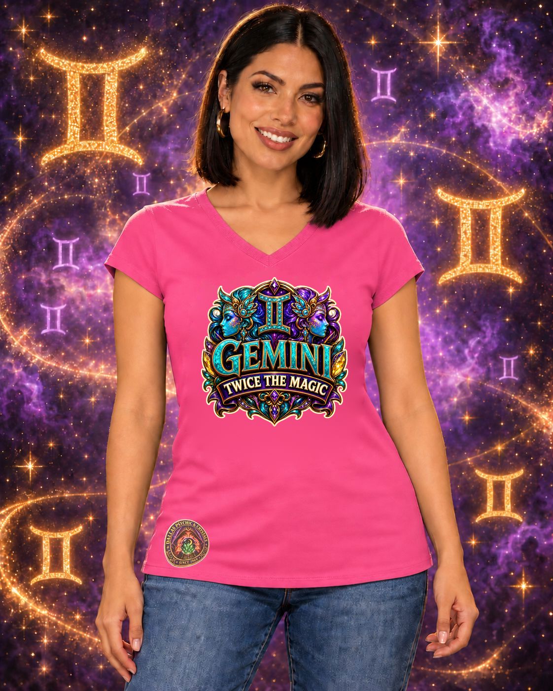 Pink Gemini zodiac women's V-neck T-shirt, front view with “Twice the Magic” artwork; AI-generated preview.
