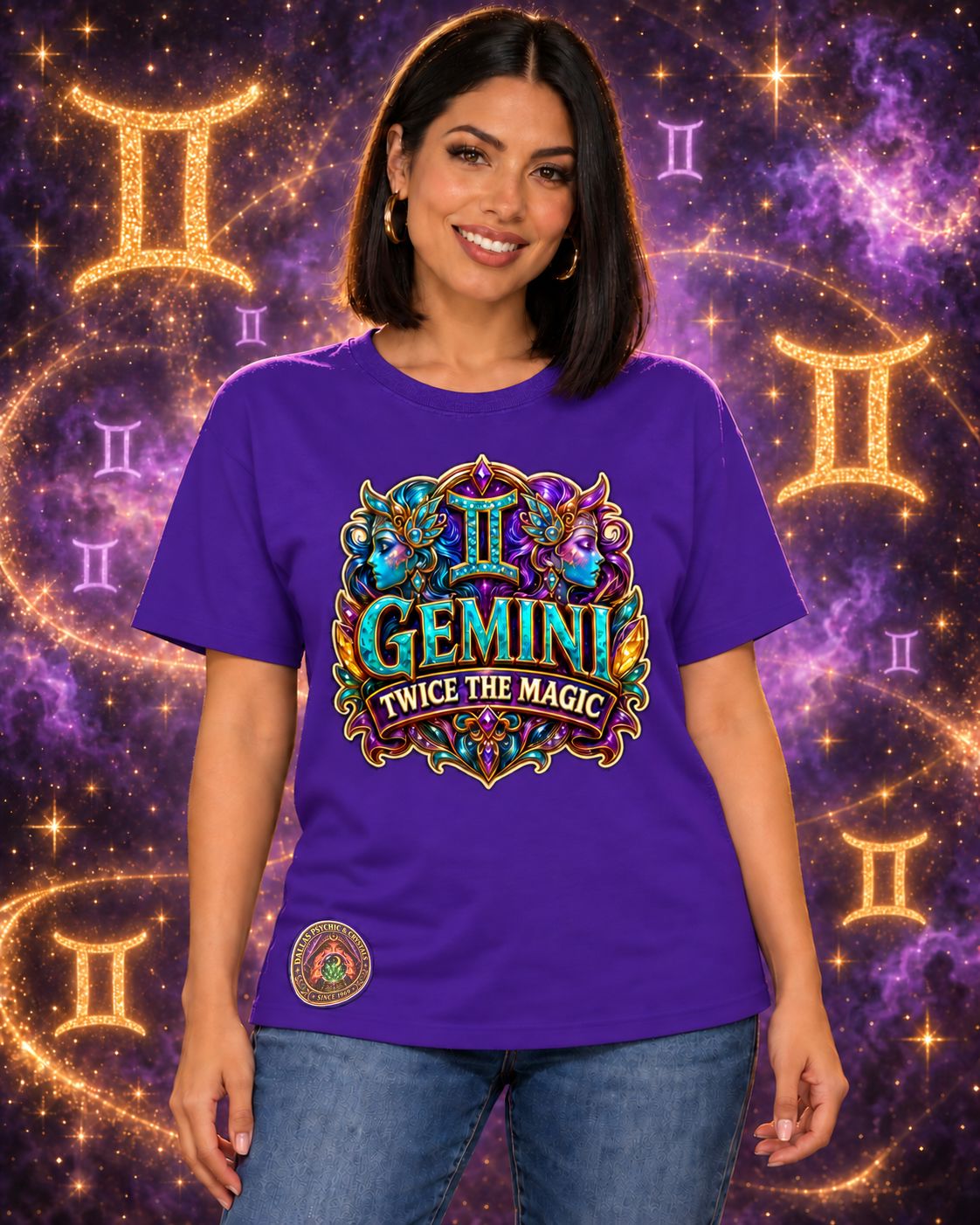 Purple Gemini zodiac crew-neck T-shirt, front view with “Twice the Magic” artwork; AI-generated preview.
