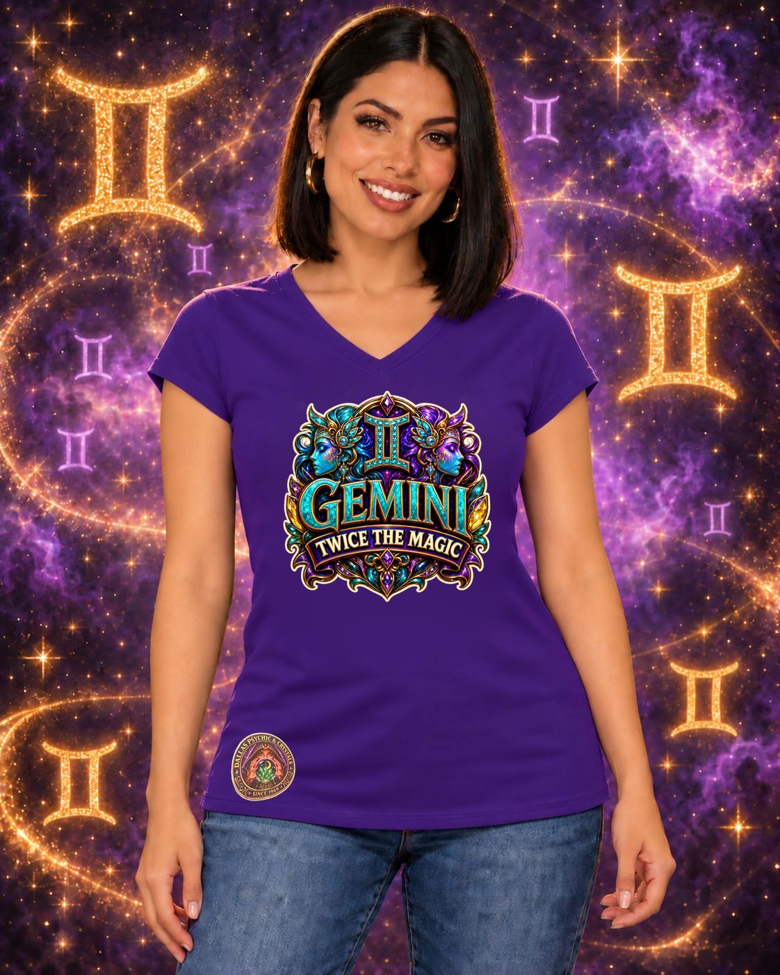 Purple Gemini zodiac women's V-neck T-shirt, front view with “Twice the Magic” artwork; AI-generated preview.
