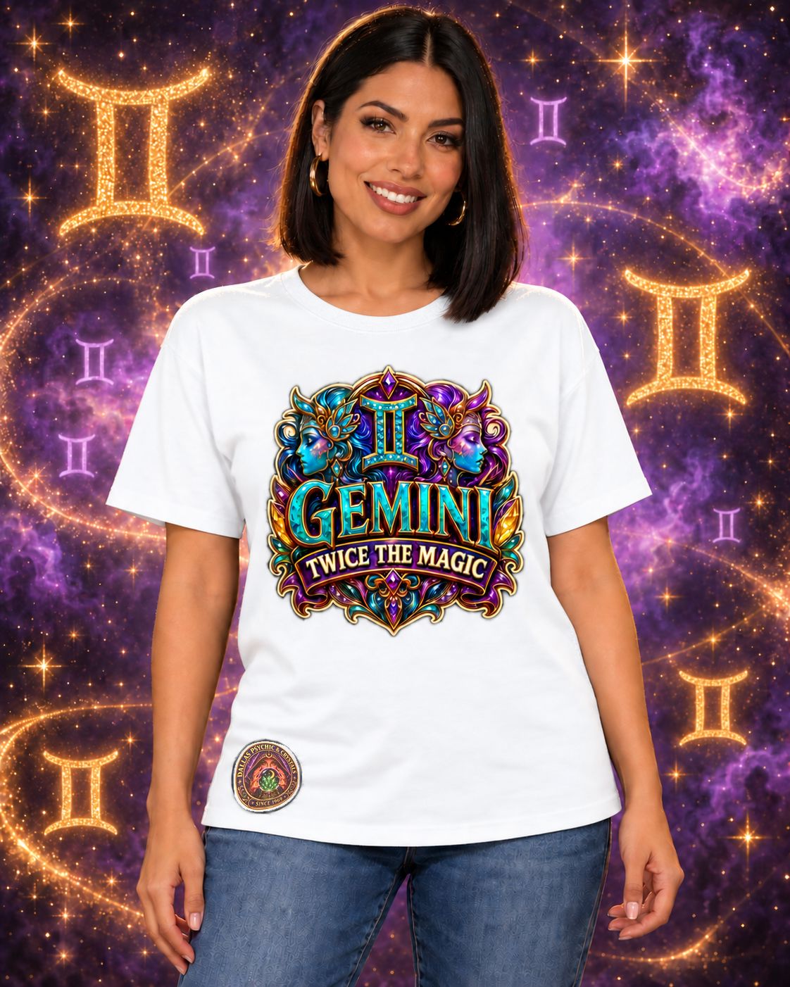 White Gemini zodiac crew-neck T-shirt, front view with “Twice the Magic” artwork; AI-generated preview.