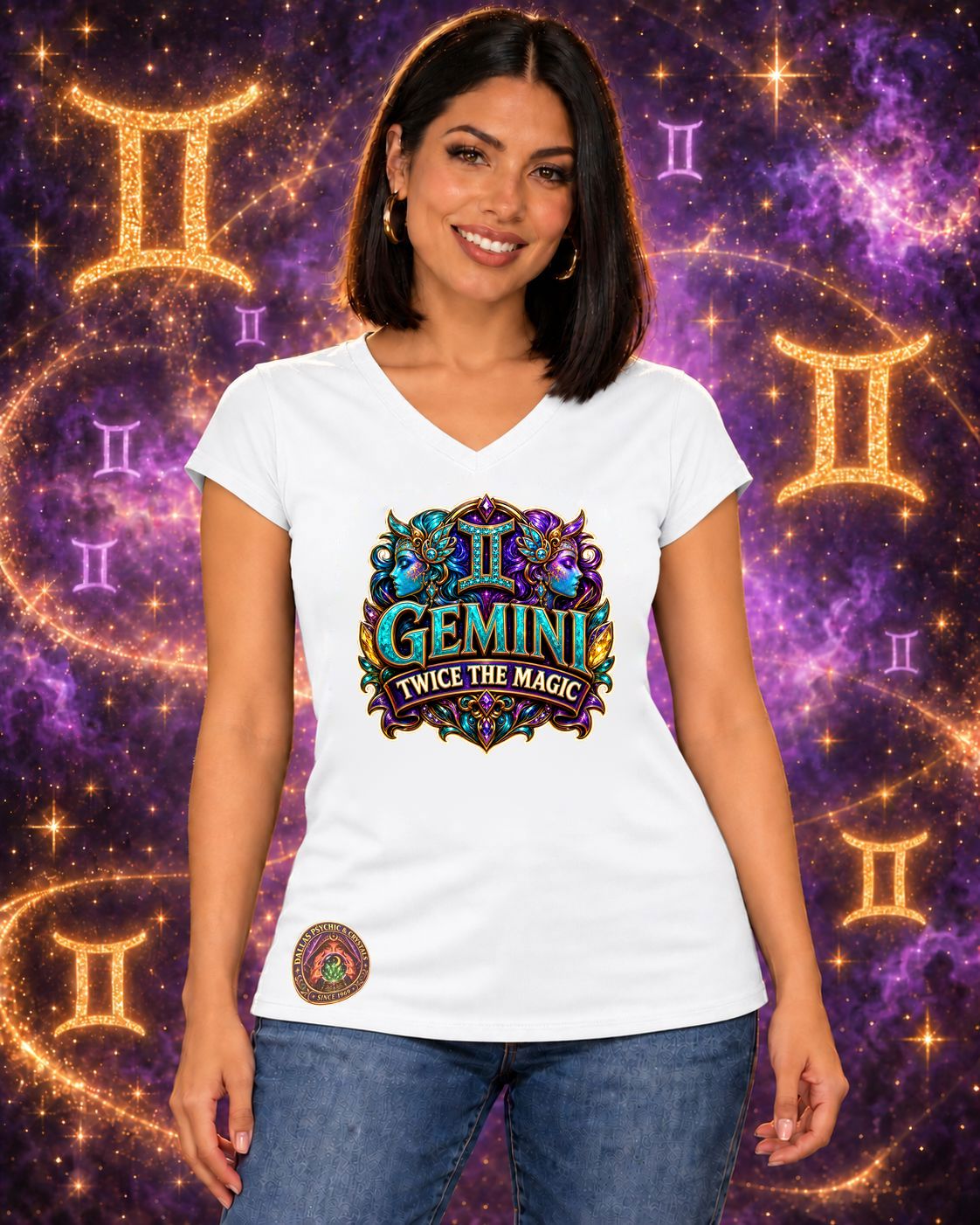 White Gemini zodiac women's V-neck T-shirt, front view with “Twice the Magic” artwork; AI-generated preview.