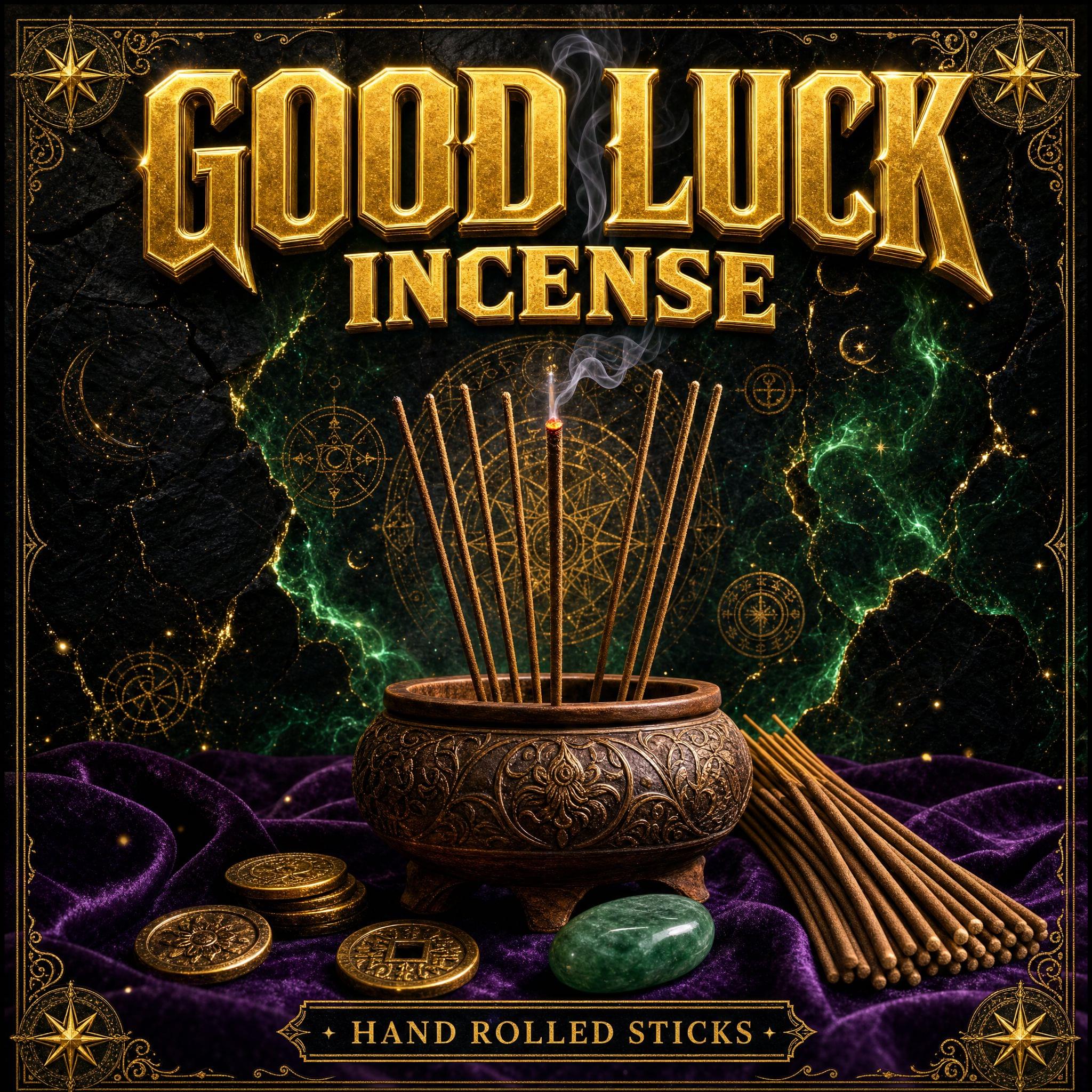 Good luck incense stick burning with a ribbon of smoke, next to a bundle of incense sticks.