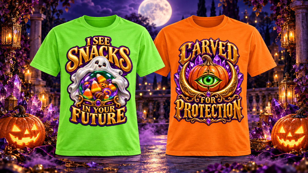 Lime green I See Snacks in Your Future and orange Carved for Protection Halloween shirts surrounded by glowing pumpkins and purple crystals under a full moon.