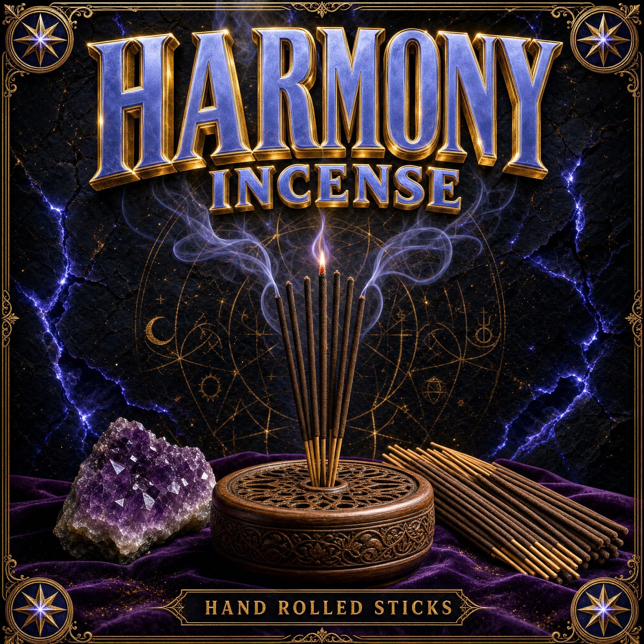 Harmony incense stick burning, smoke curling upward from a lit tip beside a bundle of incense sticks.