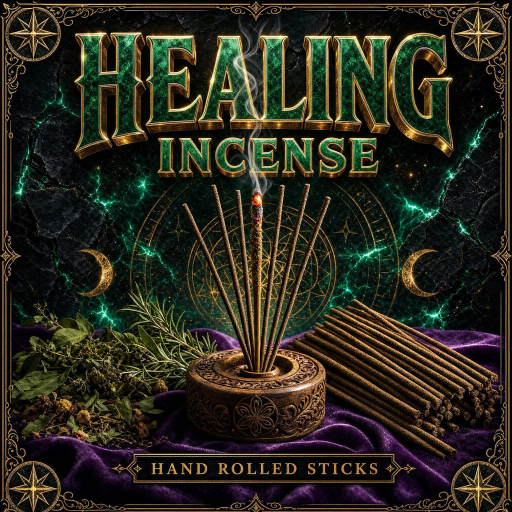Healing incense stick alight with rising smoke, shown with a bundle of unlit sticks.