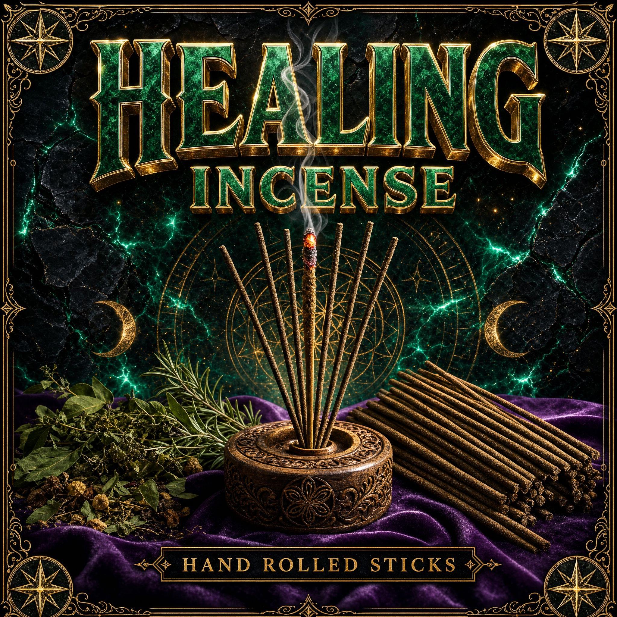 Healing incense stick alight with rising smoke, shown with a bundle of unlit sticks.