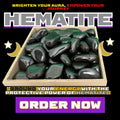 Polished black Hematite tumbled stones in a wooden tray under mystical moon symbols, surrounded by glowing text that reads “Ground your energy with the protective power of Hematite” and a bold purple “Order Now” button.DALLAS PSYCHIC AND CRYSTALS