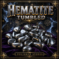 Tumbled hematite stones with a bright mirror-like metallic silver-grey finish.