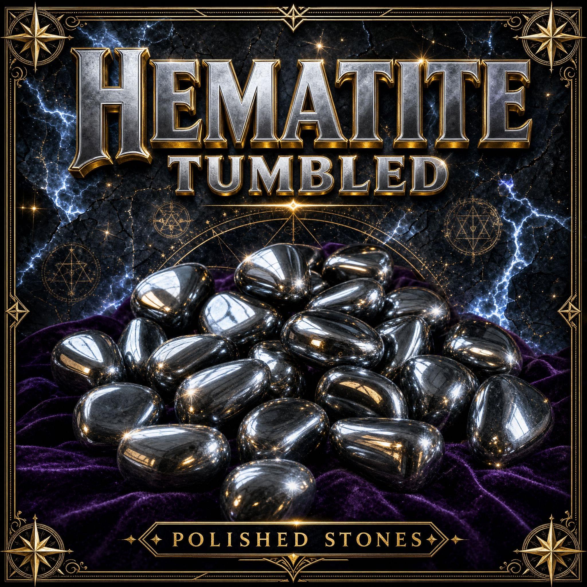 Tumbled hematite stones with a bright mirror-like metallic silver-grey finish.