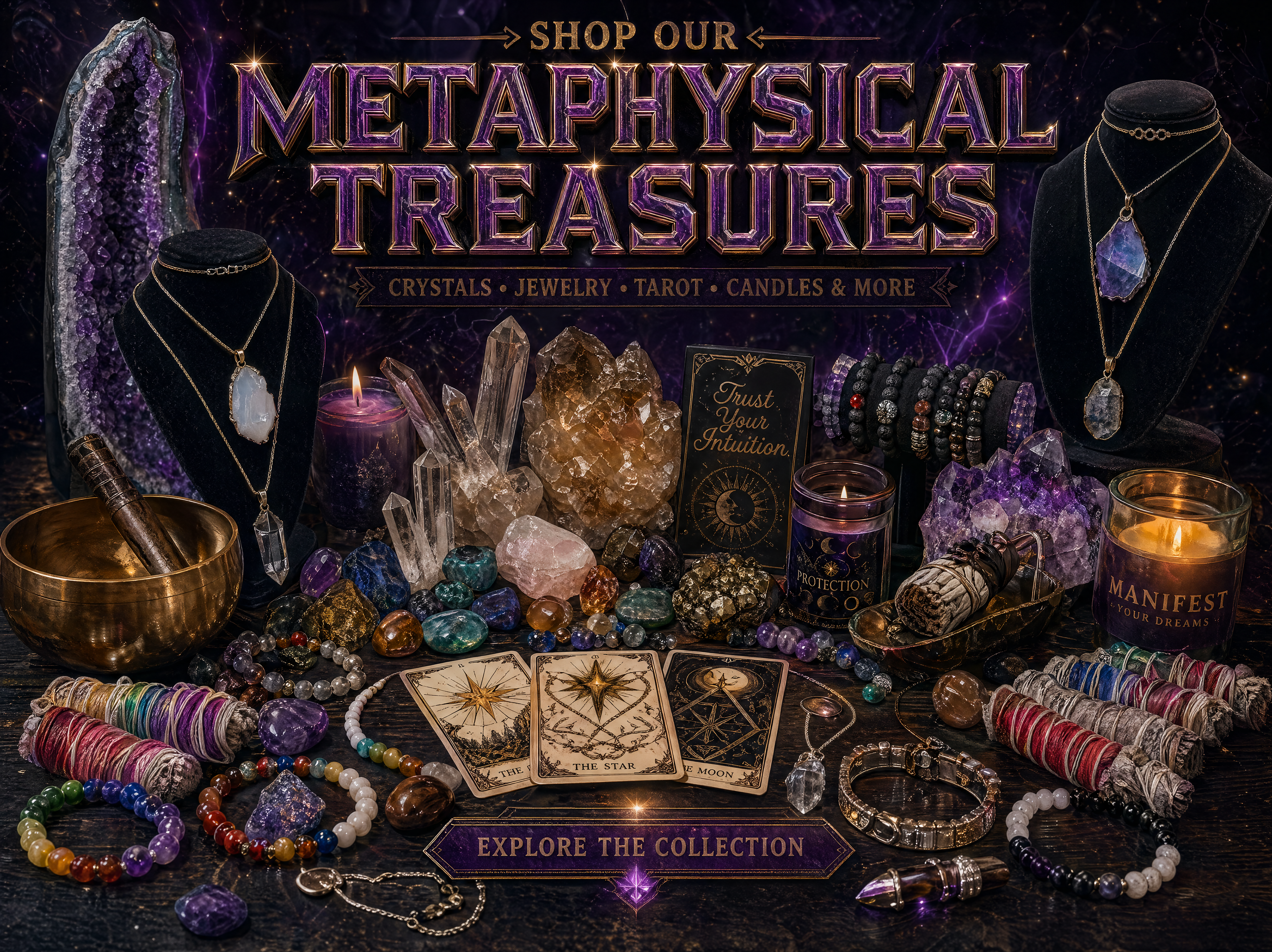 Display of metaphysical items including crystals, jewelry, and tarot cards with promotional text.