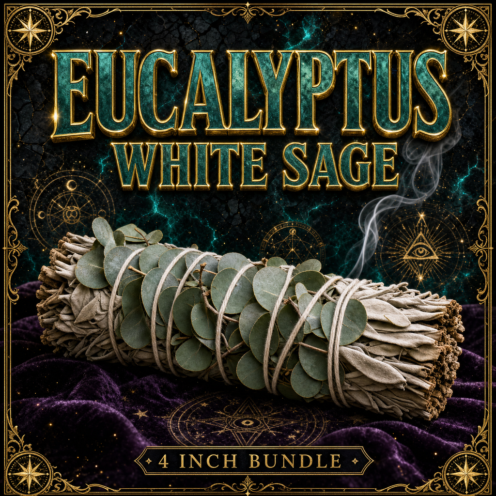 Eucalyptus white sage smudge stick from Dallas Psychic and Crystals: sage bundle bound with silvery blue-green eucalyptus leaves, on purple velvet with gold framing.