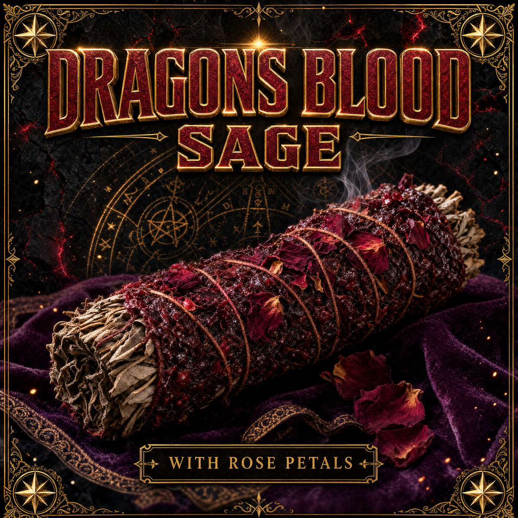Dragons Blood sage with rose petals from Dallas Psychic and Crystals: white sage bundle coated in deep red dragons blood resin with dried rose petals, on purple velvet with gold framing.