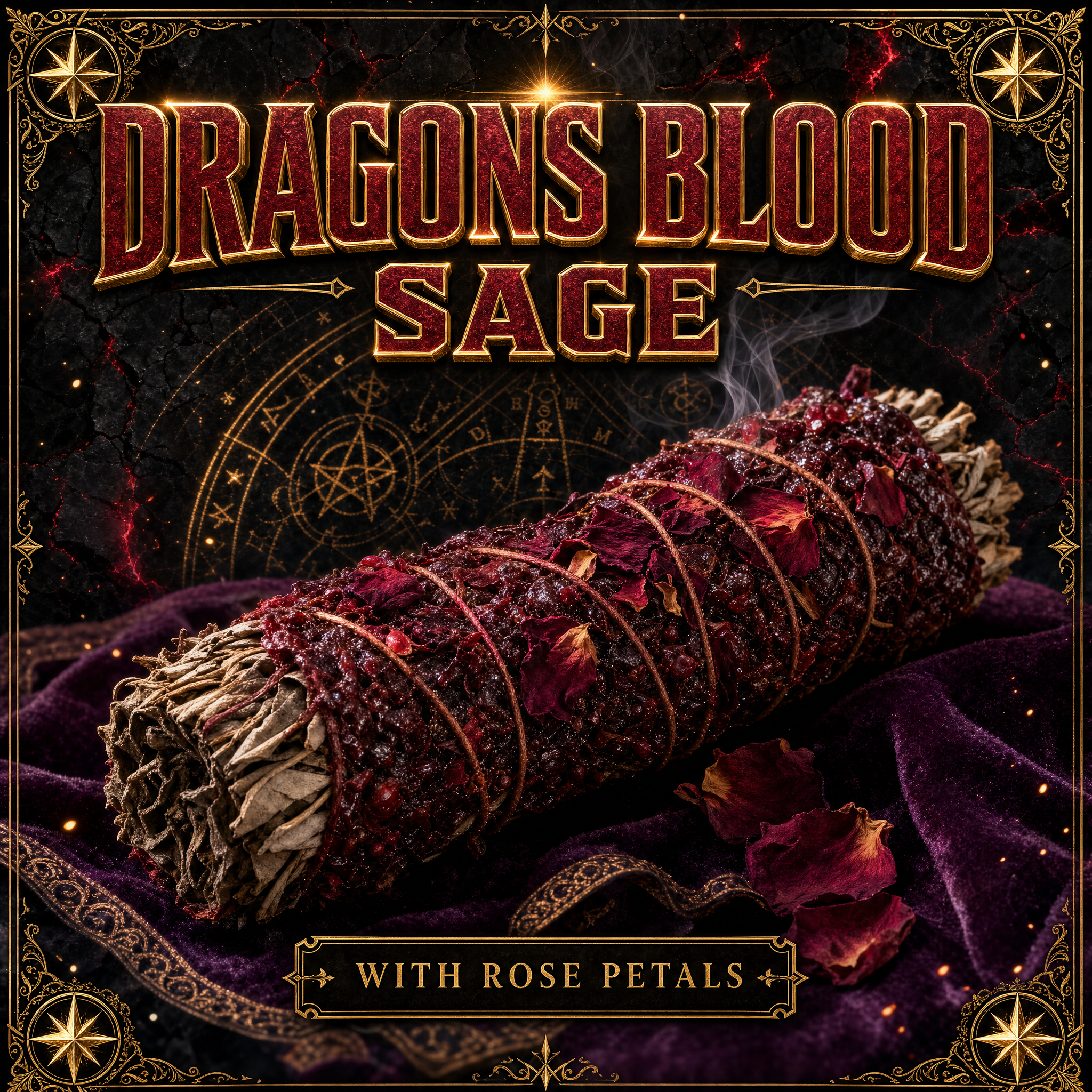 Dragons Blood sage with rose petals from Dallas Psychic and Crystals: white sage bundle coated in deep red dragons blood resin with dried rose petals, on purple velvet with gold framing.
