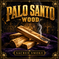 Palo santo wood from Dallas Psychic and Crystals: golden-tan hardwood sticks, one smoldering with fragrant smoke, on purple velvet with gold framing.