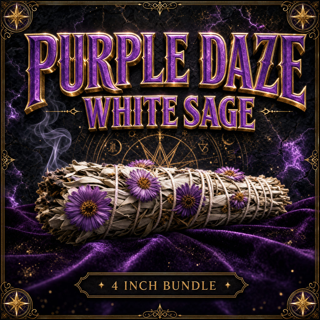 Purple Daze white sage smudge stick from Dallas Psychic and Crystals: sage bundle decorated with purple daisy flowers, on purple velvet with gold framing.