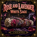 Rose and lavender white sage smudge stick from Dallas Psychic and Crystals: sage bundle with red rose petals and purple lavender sprigs, on purple velvet with gold framing.