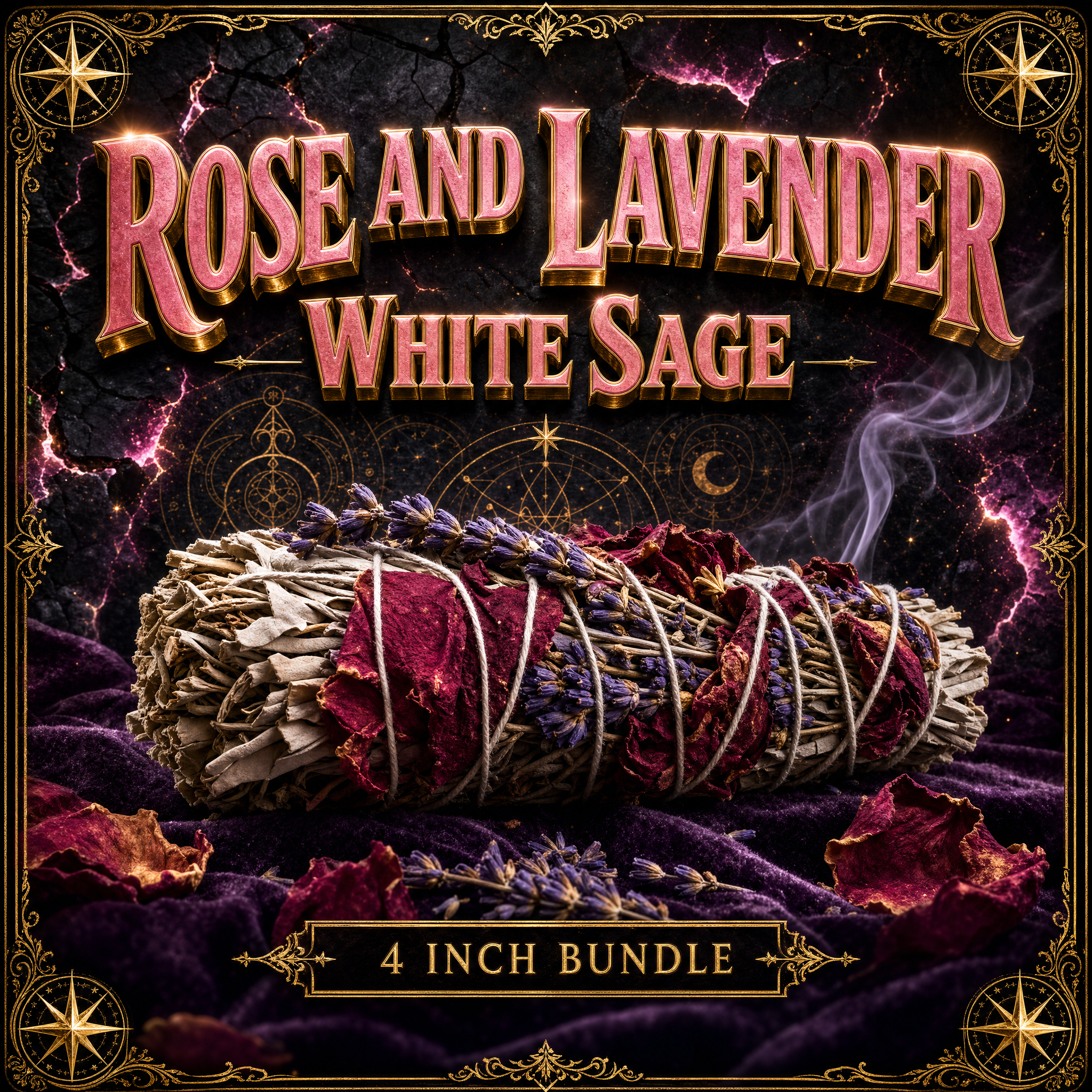 Rose and lavender white sage smudge stick from Dallas Psychic and Crystals: sage bundle with red rose petals and purple lavender sprigs, on purple velvet with gold framing.