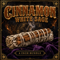 Cinnamon white sage smudge stick from Dallas Psychic and Crystals: sage bundle bound with rolled cinnamon bark sticks, on purple velvet with gold framing.