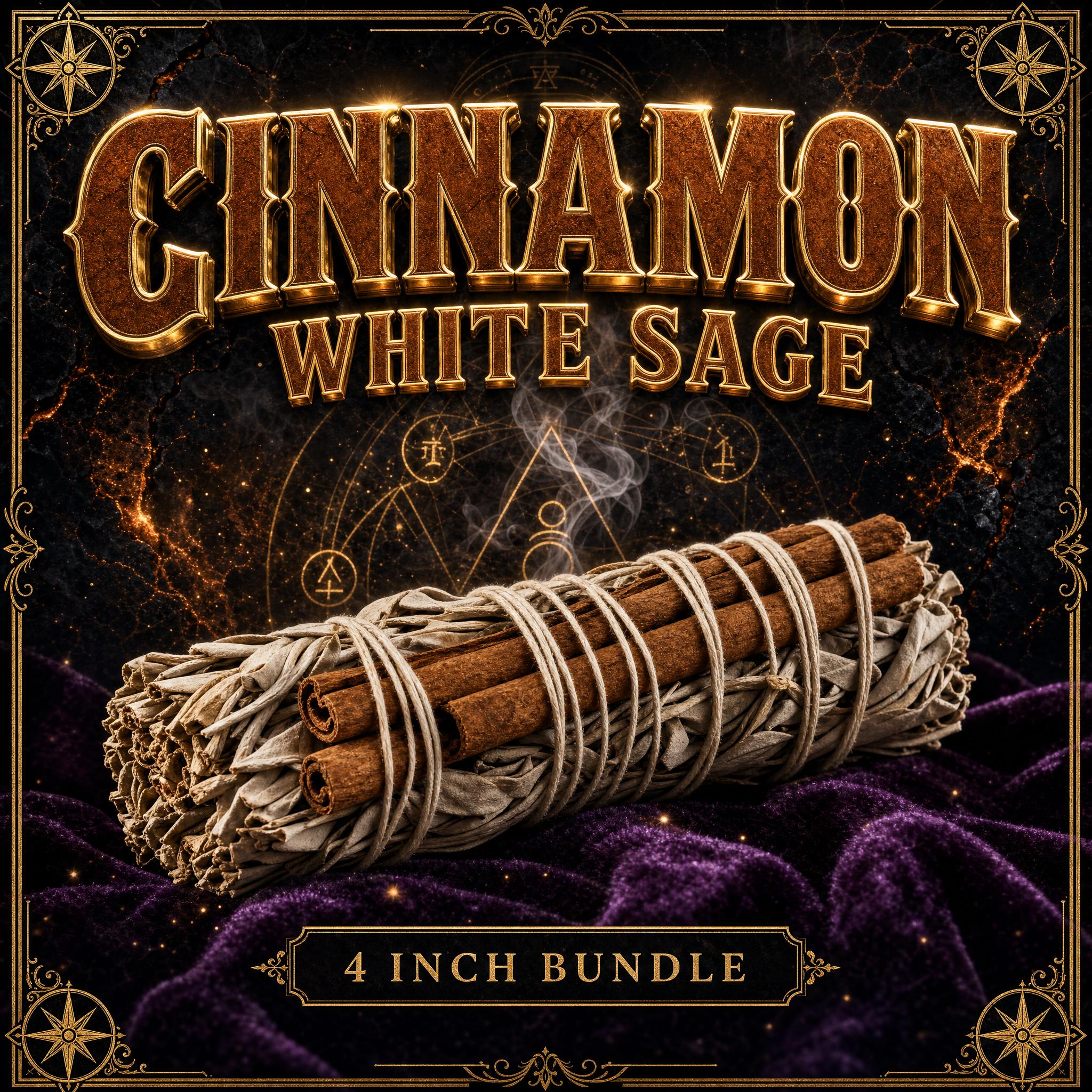 Cinnamon white sage smudge stick from Dallas Psychic and Crystals: sage bundle bound with rolled cinnamon bark sticks, on purple velvet with gold framing.
