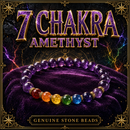 7 Chakra amethyst bracelet from Dallas Psychic and Crystals: purple amethyst beads with seven chakra colored stones and gold spacers on purple velvet with gold framing.