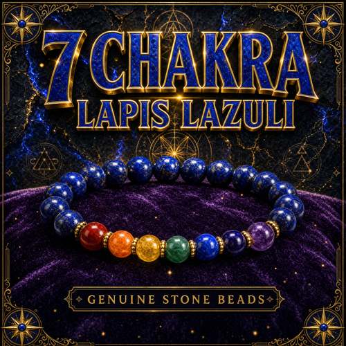7 Chakra lapis lazuli bracelet from Dallas Psychic and Crystals: deep blue lapis beads flecked with gold, with seven chakra colored stones, on purple velvet with gold framing.